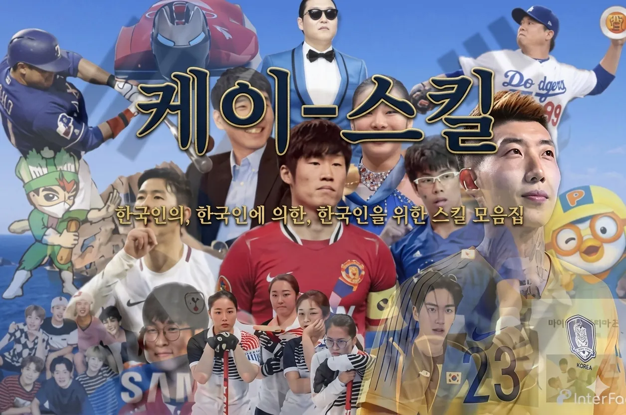 케이-스킬이라는 제목과 "한국인의, 한국인에 의한, 한국인을 위한 스킬 모음집"이라는 부제 뒤로 한국 스포츠 선수, 가수, 만화 캐릭터 사진을 모아 붙인 k-skill 대표 이미지