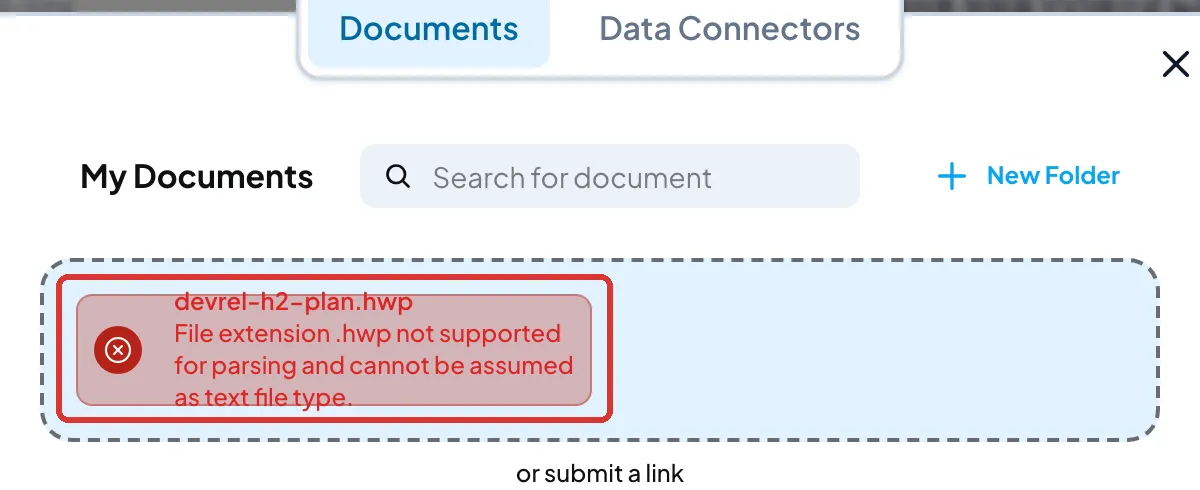 AnythingLLM 문서 업로드 창. Documents 탭과 My Documents 아래 업로드 칸에 devrel-h2-plan.hwp와 File extension .hwp not supported for parsing and cannot be assumed as text file type이라는 빨간 오류가 빨간 상자로 표시되어 있다. 가운데 문서 목록은 잘라 냈다