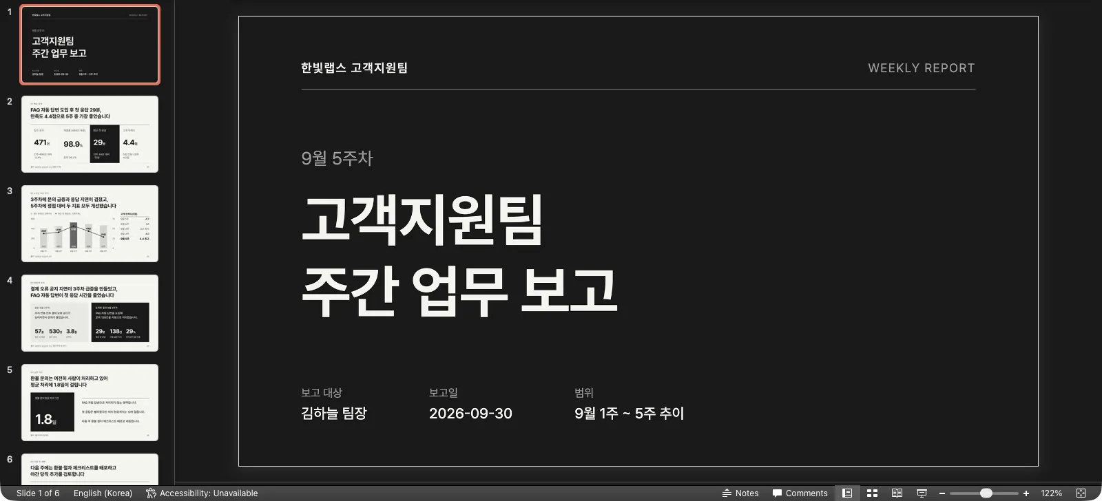 PowerPoint에서 연 weekly-support-w5.pptx. 왼쪽 썸네일에 6장이 있고 3장에 고친 제목이 보이며, 가운데에 검은 표지 슬라이드가 크게 떠 있다