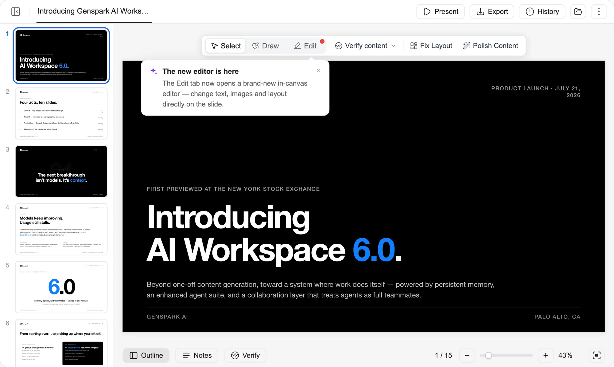 Genspark AI Slides 편집기 화면. 왼쪽에 슬라이드 썸네일 목록, 가운데 위에 Select, Draw, Edit, Verify content, Fix Layout, Polish Content 도구 막대가 있고, The new editor is here라는 안내 상자 아래로 Introducing AI Workspace 6.0 슬라이드가 떠 있다