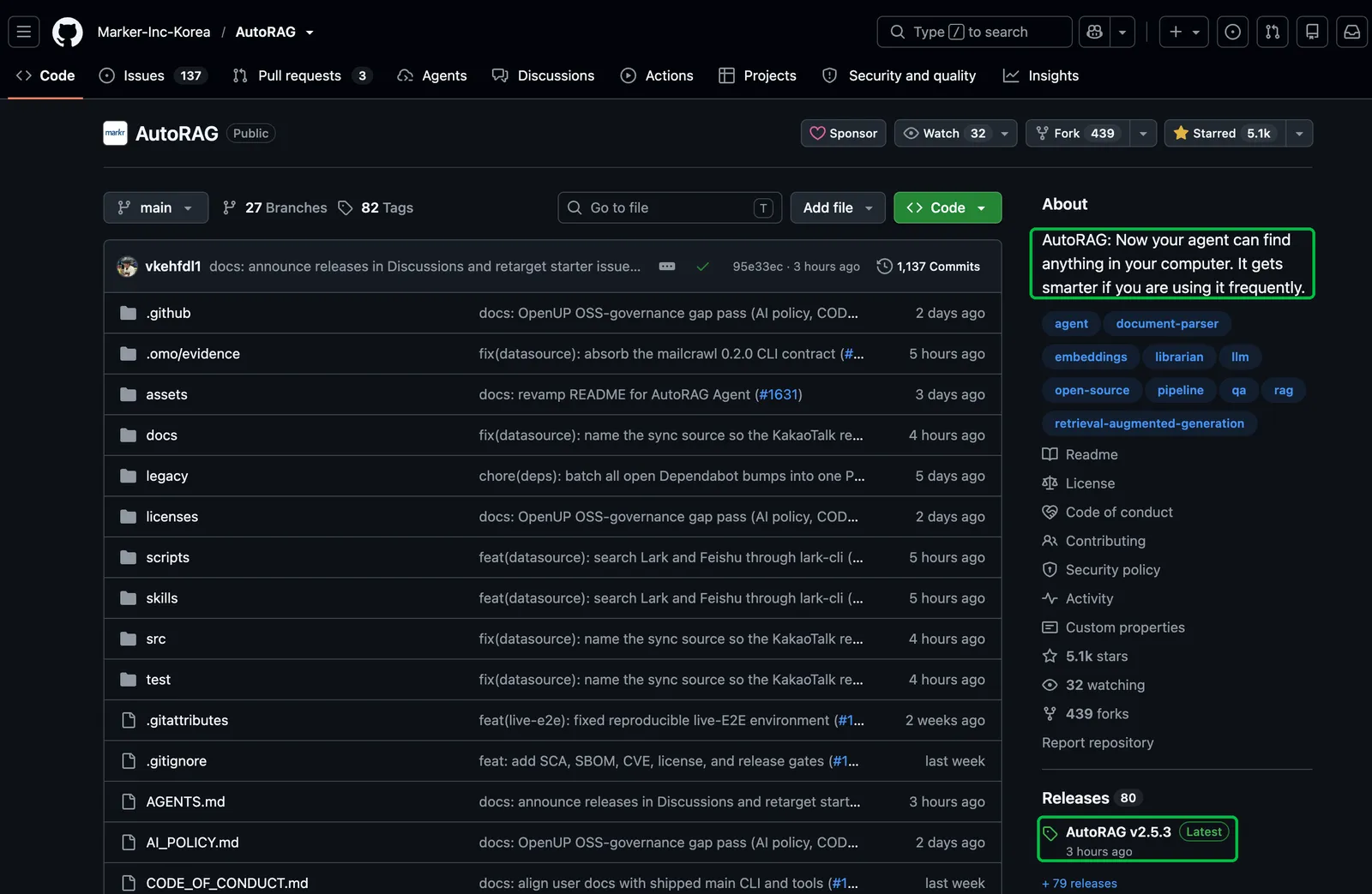 GitHub의 Marker-Inc-Korea/AutoRAG 저장소 첫 화면. About 문구와 Releases의 AutoRAG v2.5.3 Latest가 초록 상자로 표시되어 있다